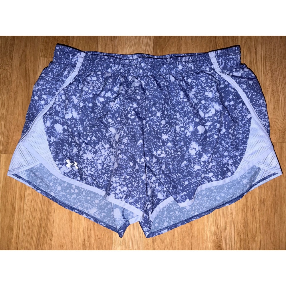 Under Armour Fly By Running Shorts Womens Large Blue White Splatter Print Mesh